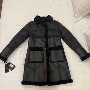 Pinko Shearling-trim Single Breasted Coat - Black